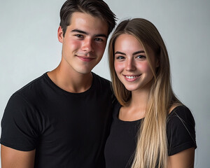 A couple hugging each other on a white background