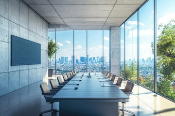 Wall Mural - A modern conference room with a large window offering a stunning city view