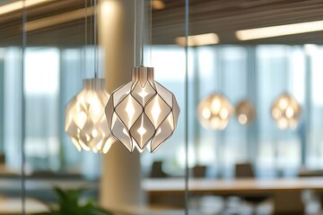 Wall Mural - modern minimalist office space with glass walls geometric lighting patterns soft focus bokeh effect muted gray and white tones zen atmosphere