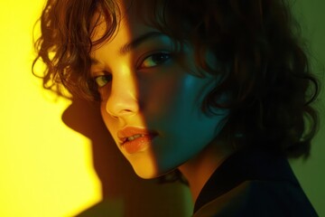 Wall Mural - modern minimalist portrait of young woman illuminated by neon yellow light geometric shadows contemp
