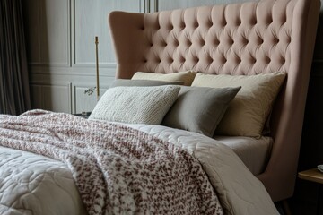 Canvas Print - Bed with pink headboard and pillows, interior design inspiration