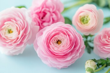 Wall Mural - A bouquet of bright pink flowers arranged on a calm blue background