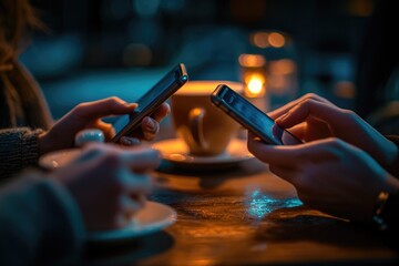 Wall Mural - Two individuals seated at a table, each engaged with their mobile devices