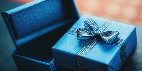 Wall Mural - A small blue gift box tied with a shiny silver bow, perfect for wrapping presents or using as a decorative item