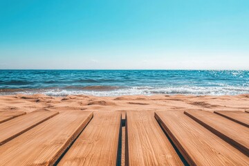 Wall Mural - a view of the ocean from a wooden deck, suitable for use in travel or vacation-themed projects