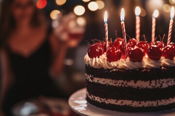 Wall Mural - A celebratory birthday cake with lit candles and cherries, perfect for special occasions