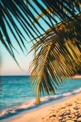 Wall Mural - a palm tree stands tall on a sandy beach, with the vast ocean stretching out behind it