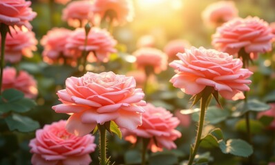 Canvas Print - Sunlit pink roses in bloom