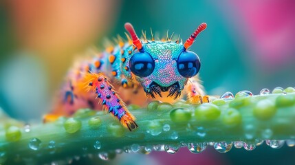Detailed macro photo of a colorful larva moving along a green stem, with vivid colors and a soft nature background blurred to emphasize the insects movement