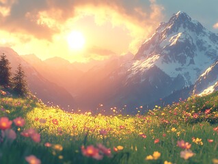 Sticker - Golden sunset illuminates vibrant alpine meadow wildflowers nestled beneath majestic snow capped mountains. AI Generated