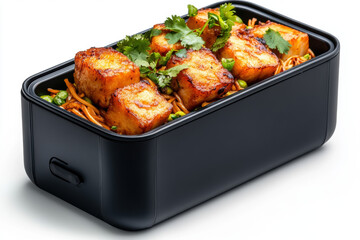 Food in black plastic box, A top view image with isolated subject and ample surrounding space, high fidelity quality for design use.