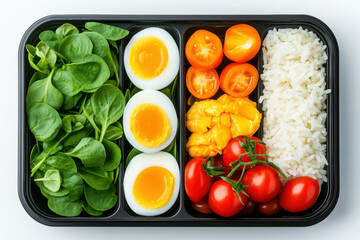 Food in black plastic box, Top view image with ample space for isolation and high fidelity resolution for versatile uses.