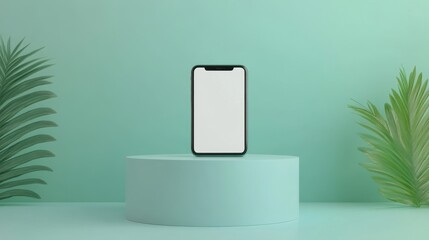 Smartphone with blank screen standing on cylinder podium between tropical leaves on turquoise background