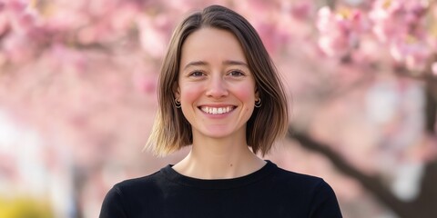 Wall Mural - A woman with short brown hair is smiling in front of a tree with pink blossoms. She is wearing a black sweater and a pair of earrings