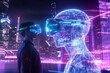 © Dinara - Futuristic encounter between a human and a holographic figure in a vibrant neon cityscape at night. Generative AI