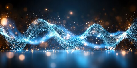 Wall Mural - dynamic blue light waves create a mesmerizing digital abstract landscape filled with sparkling parti