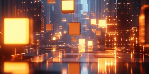 Wall Mural - vibrant floating cubes illuminated by glowing lights in a futuristic cityscape at night