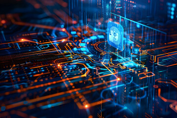 Wall Mural - abstract digital circuit board with glowing lines and icons representing technology advancements