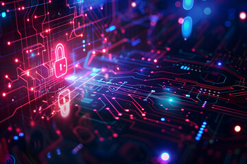 Wall Mural - abstract digital background depicting secure data transmission with glowing circuits and locks