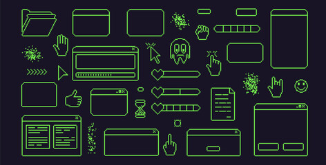 Wall Mural - pixel art retro windows interface. 8 bit text boxes with pointers cursors, arrow and sparkles. green