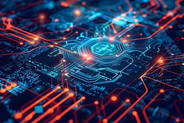Wall Mural - abstract close-up of a futuristic circuit board with glowing lines and a central processor