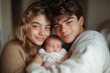 Wall Mural - Young caucasian couple at indoors with newborn baby