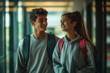 Wall Mural - Young caucasian couple at indoors in sportswear