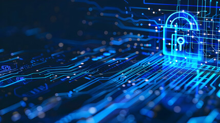Wall Mural - abstract digital background featuring a glowing padlock symbol on a circuit board design