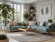 © ingalinder - Interior of modern living room with green sofa, coffee table and plants.