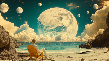 celestial contemplation: a lone figure sits in quiet contemplation on a tranquil beach, gazing at an