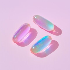 Wall Mural - sparkling iridescent capsules on pastel pink background: modern vibrance