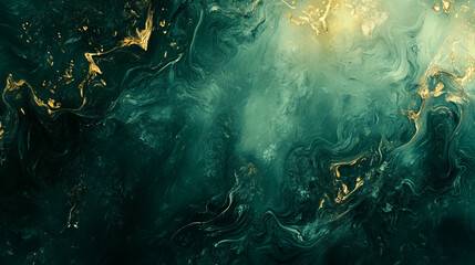 Wall Mural - An abstract medieval forest glowing golden highlights swirling mist deep emerald greens enchanted patterns, soft textures flowing shapes whimsical dreamy negative space mystical minimal cottagecore