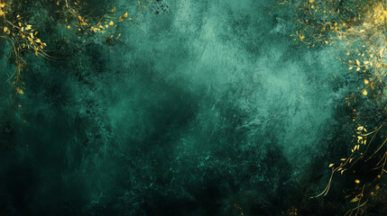 an abstract medieval forest glowing golden highlights swirling mist deep emerald greens enchanted pa