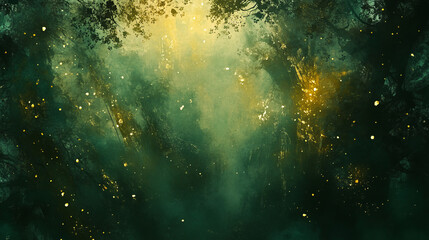 Wall Mural - An abstract medieval forest glowing golden highlights swirling mist deep emerald greens enchanted patterns, soft textures flowing shapes whimsical dreamy negative space mystical minimal cottagecore