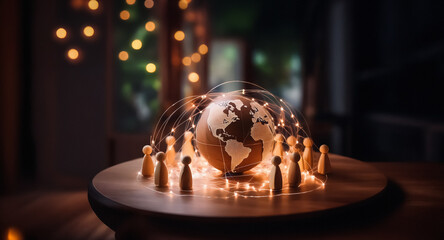 Aufkleber - Wooden figures encircle a glowing globe on a table, linked by light strands. Warm bokeh lights create a cozy, connected, and inviting atmosphere.