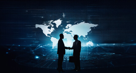 Aufkleber - Silhouetted figures shake hands before a world map backdrop, symbolizing global business and international partnerships in a digital age.