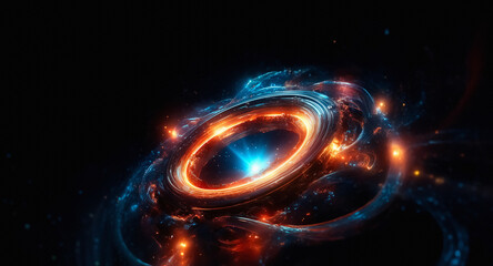 Fototapete - Abstract glowing energy vortex with swirling blue and orange light in the dark space. Circular shape with a bright center, cosmic feel.