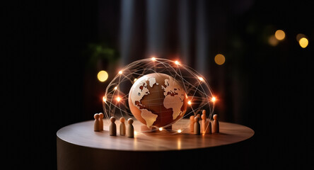 Aufkleber - A wooden globe with a glowing digital network around it rests on a round wooden table. Small wooden figures stand around the globe's base against a dark background with bokeh lights.