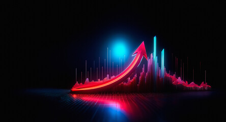 Poster - Vibrant red arrow soaring upwards with neon light trails against a dark backdrop.  Abstract representation of growth, progress, and positive direction in a futuristic style.
