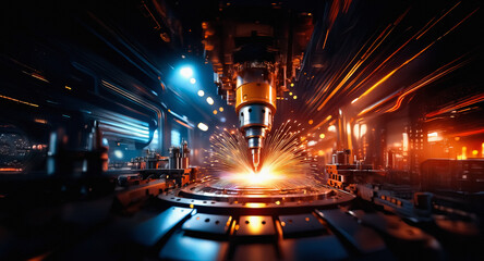 Poster - A powerful industrial machine operates in a factory setting, emitting bright sparks during a high-precision manufacturing process, showcasing advanced technology.