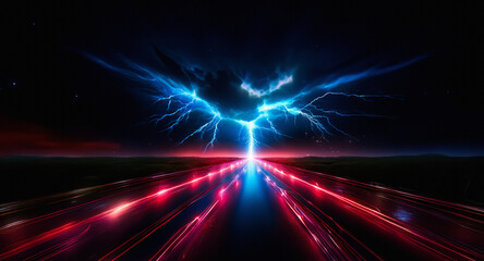 Poster - A glowing pathway stretches into the night, illuminated by streaks of red and blue light. A vibrant blue lightning bolt strikes down from the dark sky.