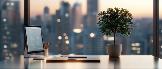 Sunset city view, office desk, computer, plant