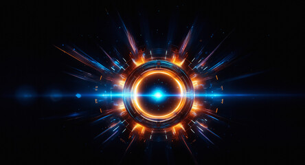 Aufkleber - Abstract luminous circular energy core emits vibrant orange and blue rays on a dark backdrop, creating a dynamic radial light effect.