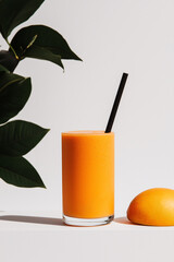 Wall Mural - Tropical Refreshment: A vibrant glass of orange smoothie sits beside a fresh mango and leafy greens, captured in a minimalist style that highlights the freshness and natural elements.