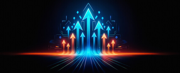 Aufkleber - A digital image features glowing blue and orange arrows pointing upwards against a dark backdrop, representing progress and advancement.