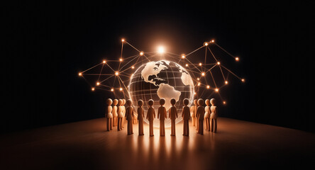 Aufkleber - People figures surround an illuminated globe, connected by glowing lines against a dark backdrop, symbolizing global network and unity.