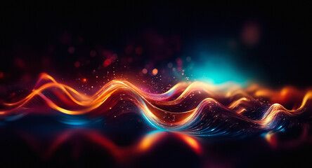 Fototapete - Abstract image of vibrant wavy lines in orange, red, and blue hues against a dark backdrop with a bokeh effect, creating a dynamic and glowing visual.