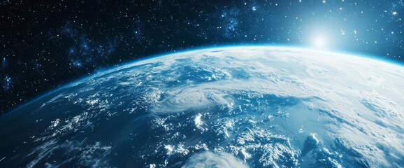 Wall Mural - A Cosmic Dawn: The Earth emerges from the darkness of space, a stunning globe showcasing oceans, continents, and swirling clouds, illuminated by the radiant glow of a distant star.