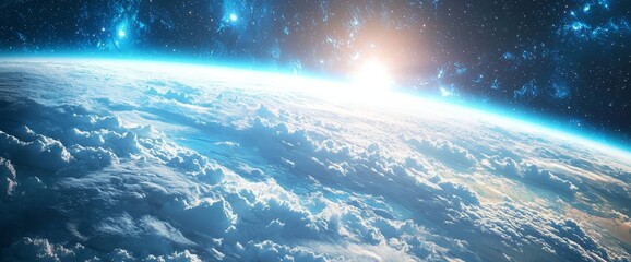 Wall Mural - Celestial Perspective: An awe-inspiring view of Earth from space, showcasing the sun's radiant glow. The atmosphere, cloud formations and stars are captured, inviting exploration of the cosmos.