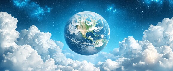 Wall Mural - Celestial Sphere: A captivating illustration of planet Earth, majestically suspended amidst a sea of fluffy.